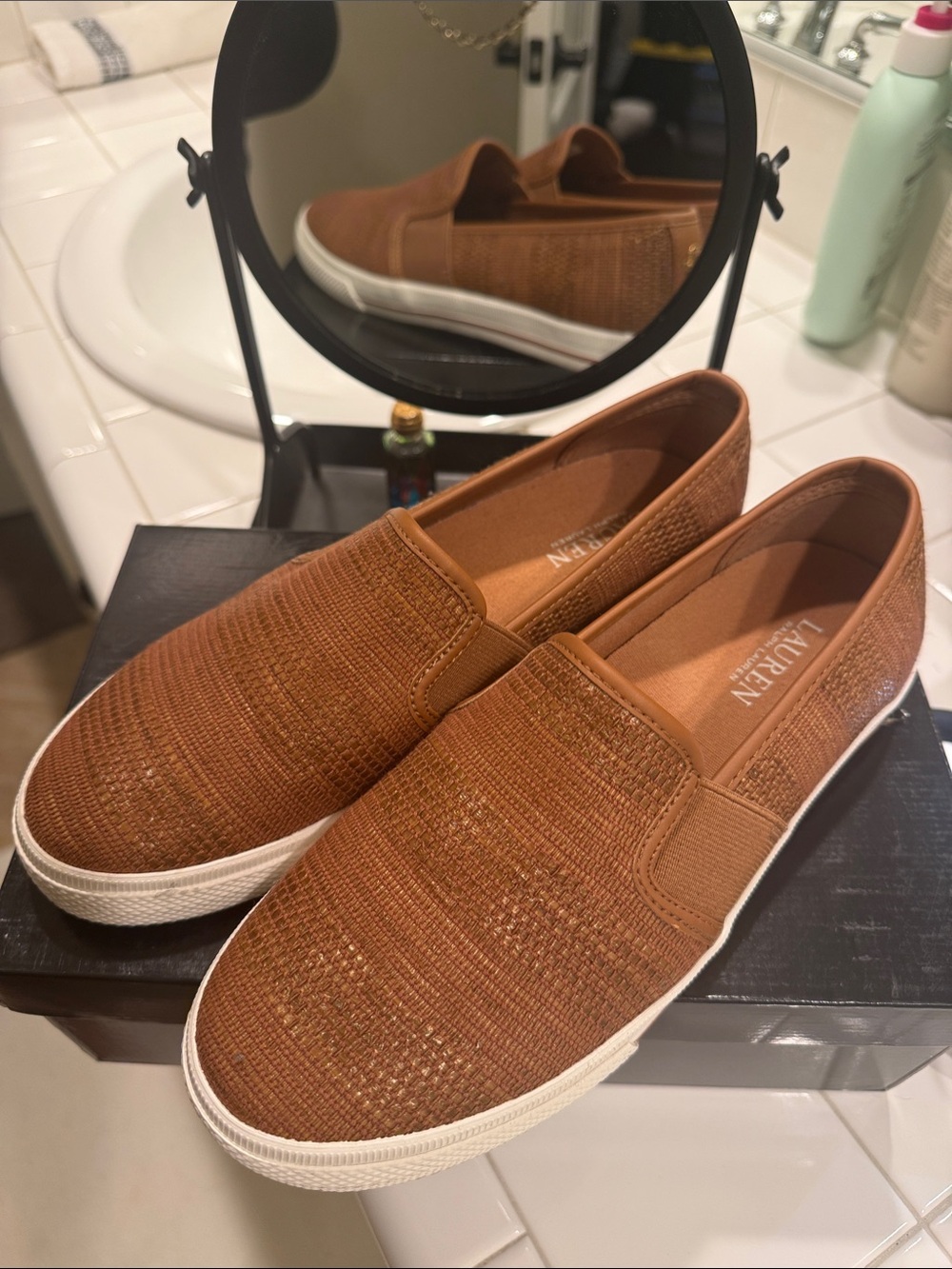 Lauren Ralph Lauren Women’s Slip-On Loafers in Cognac Brown with White Sole